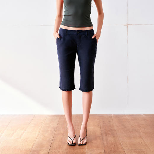NUTH亚麻低腰修身花边卡普里藏蓝五分休闲裤 商品图1
