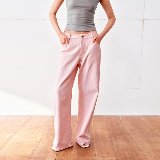 NUTH藕粉色水洗做旧复古工装休闲裤牛仔裤女 商品图2