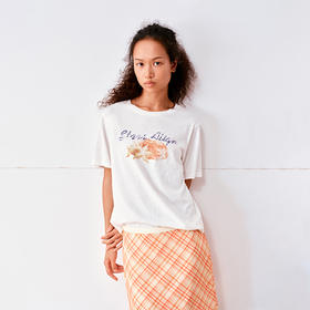 NUTH亚麻混纺夏日清凉感复古印花白色短袖T恤女