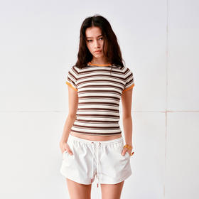 NUTH复古条纹撞色圆领插肩袖修身短袖T恤女