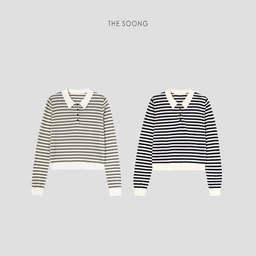 THESOONG"经典条纹衫"桑蚕丝莱赛尔撞色条纹半开领螺纹上衣HWMY6346 商品图9