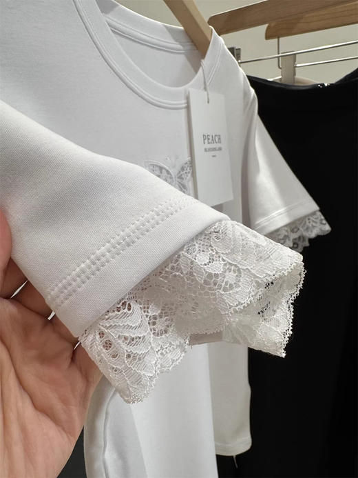 重工质感空气层万针蝴蝶镂空蕾丝袖T恤 商品图5