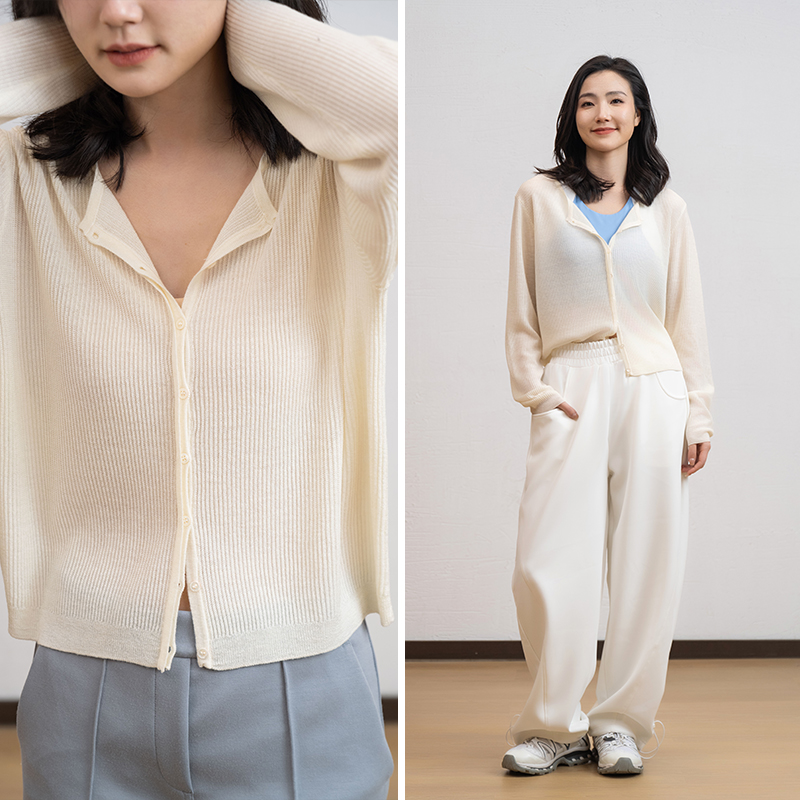 L RECNAVA 圆领羊毛针织开衫 隐藏纽扣短款外套