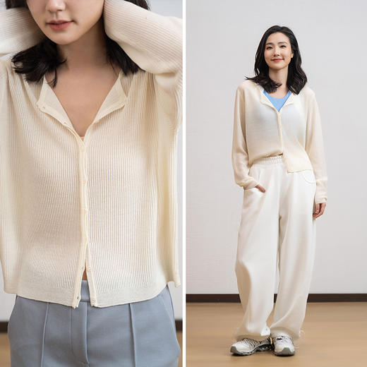 L RECNAVA 圆领羊毛针织开衫 隐藏纽扣短款外套 商品图0