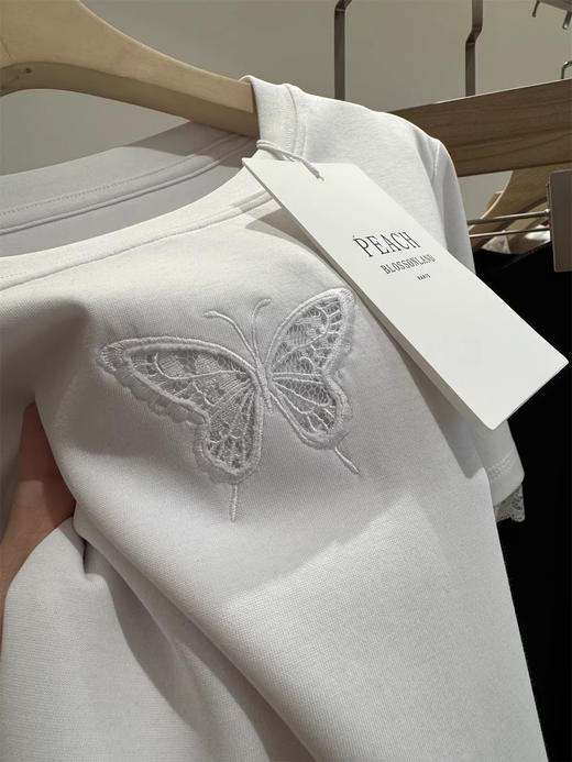 重工质感空气层万针蝴蝶镂空蕾丝袖T恤 商品图7