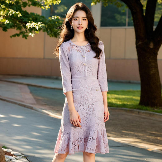 奢姿大码女装2025夏季气质圆领蕾丝连衣裙胖妹妹时尚减龄镂空裙子9951893611 商品图3