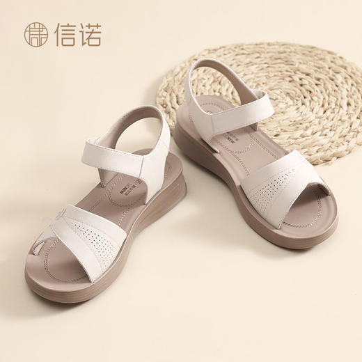 信诺真皮舒适妈妈凉鞋2025夏季新款不累脚轻便软底女鞋平底老人鞋5L618-18 商品图5