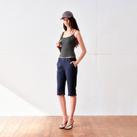 NUTH亚麻低腰修身花边卡普里藏蓝五分休闲裤