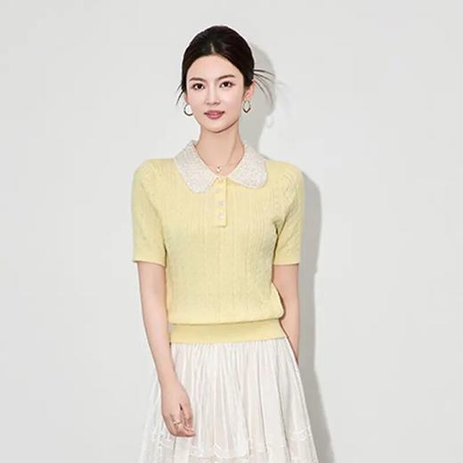 【高货wl】全新升级【铂金会员165/天猫219/差价54】(92113) 洛诗琳法式重工钉珠翻领绞花针织衫T恤时尚百搭短袖上衣女 商品图0