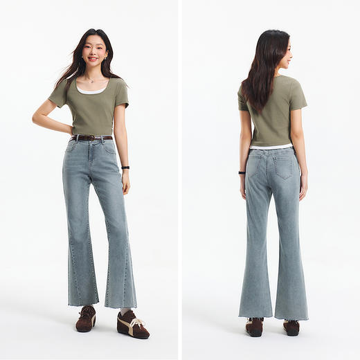 森柔牛仔|森马牛仔裤女小个子九分裤2025夏季新款毛边喇叭裤时髦 商品图3