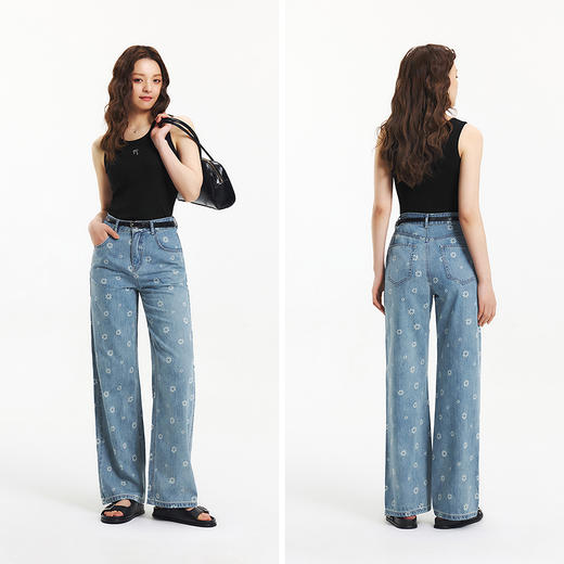 森柔牛仔|森马牛仔裤女满印长裤甜美小众2025夏季新款纯棉阔腿裤 商品图3