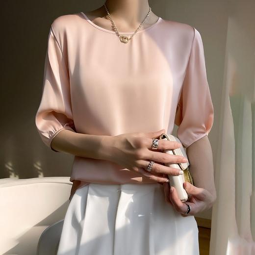 桑蚕丝T恤女透气丝绸缎面2025春夏季新女装圆领宽松纯色醋酸缎面百搭T恤上衣 商品图3