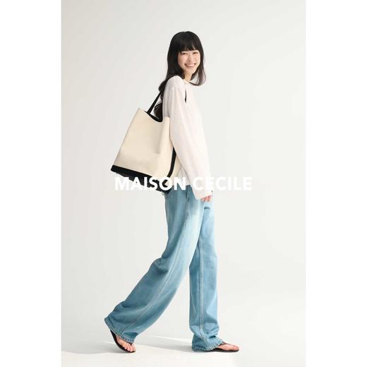 MAISON CECILE帆布拼真皮撞色通勤大容量手提腋下水桶托特包 商品图2