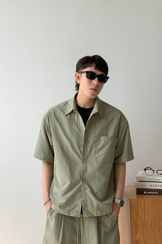 徐太浪纯色拼接口袋短袖衬衫男2025新款夏季速干透气休闲衬衣外套 商品图4