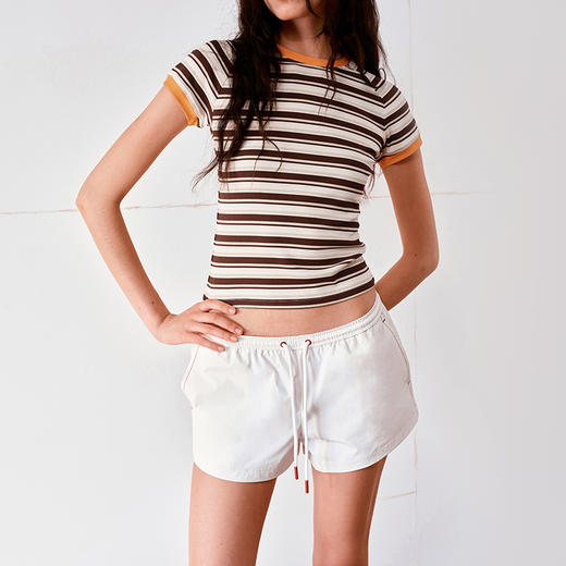 NUTH复古条纹撞色圆领插肩袖修身短袖T恤女 商品图5