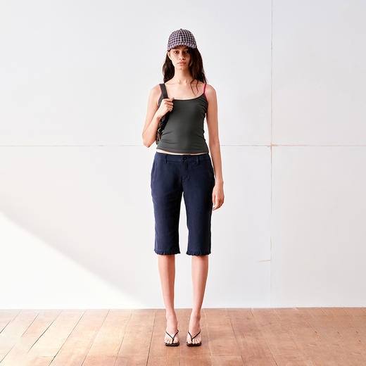 NUTH亚麻低腰修身花边卡普里藏蓝五分休闲裤 商品图3