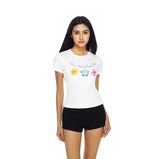 FDR官方店 海岛烫钻英文花朵短袖T恤女夏季辣妹修身显瘦体恤上衣 商品图1