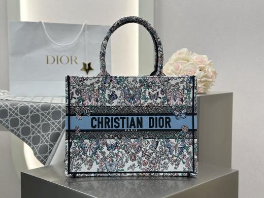 DIOR迪奥印花刺绣棉托特包Tote包购物袋白蓝蝴蝶手提包中号（HH） 商品图0