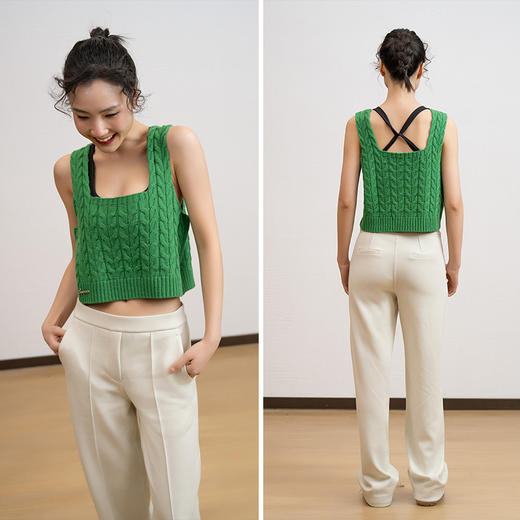 L RECNAVA 减龄麻花针织背心 方领羊毛马甲 宽肩带防溜肩 多巴胺时尚搭配单品 商品图4