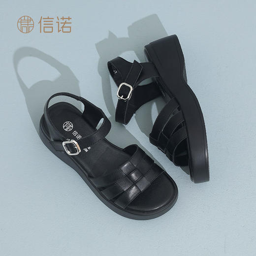 信诺真皮舒适凉鞋女2025夏新款厚底外穿轻便猪笼鞋透气露趾妈妈鞋X5L033-97 商品图6