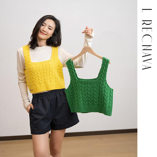 L RECNAVA 减龄麻花针织背心 方领羊毛马甲 宽肩带防溜肩 多巴胺时尚搭配单品 商品图3
