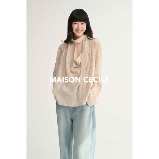MAISON CECILE设计师印花桑蚕丝定染线条花朵优雅荡感飘带衬衫 商品图1