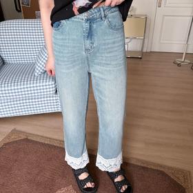 2025新品  软软同款【消失的胯】设计感时尚浅色水洗拼蕾丝边牛仔裤