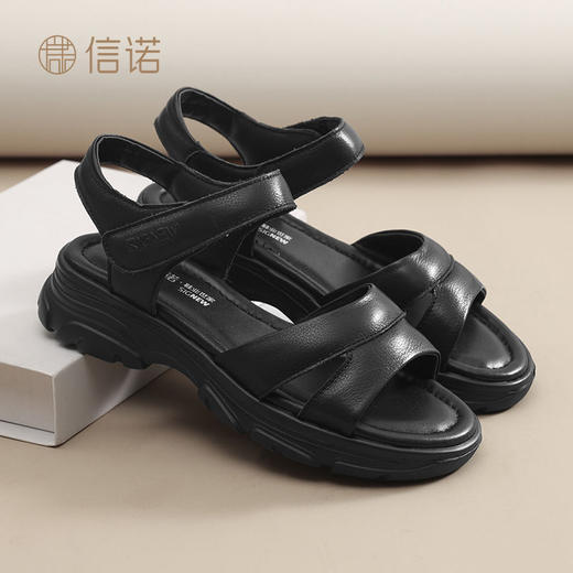 信诺真皮一字带凉鞋女2025新款夏季舒适厚底外穿沙滩鞋中年妈妈鞋5L506-1 商品图4