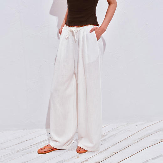 NUTH亚麻宽松阔腿休闲裤女 浅亚麻色/白色/绿色 商品图0