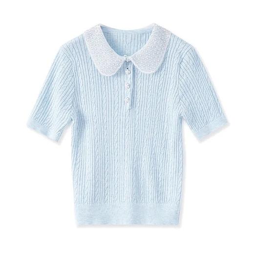 【高货wl】全新升级【铂金会员165/天猫219/差价54】(92113) 洛诗琳法式重工钉珠翻领绞花针织衫T恤时尚百搭短袖上衣女 商品图4