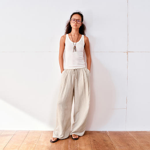NUTH亚麻宽松阔腿休闲裤女 浅亚麻色/白色/绿色 商品图1