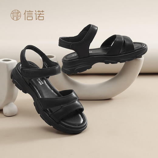 信诺真皮一字带凉鞋女2025新款夏季舒适厚底外穿沙滩鞋中年妈妈鞋5L506-1 商品图3