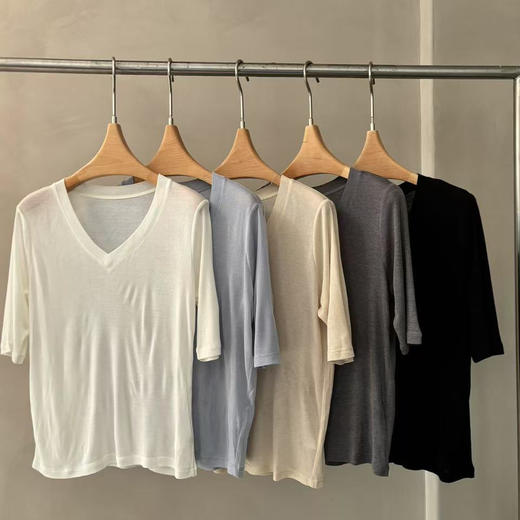 洛诗琳05739韩系慵懒随性简约纯色显瘦V领天丝羊毛T恤女62230 商品图4