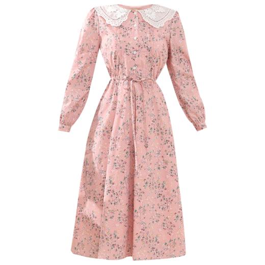 勿忘花粉色纯棉碎花减龄娃娃领连衣裙女2025春装新款收腰显瘦裙子 商品图4