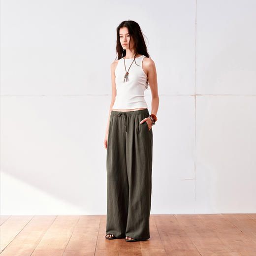 NUTH亚麻宽松阔腿休闲裤女 浅亚麻色/白色/绿色 商品图4