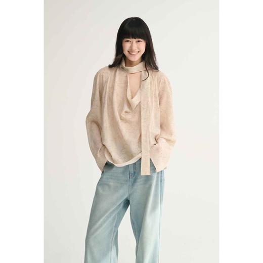 MAISON CECILE设计师印花桑蚕丝定染线条花朵优雅荡感飘带衬衫 商品图0