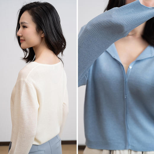 L RECNAVA 圆领羊毛针织开衫 隐藏纽扣短款外套 商品图3