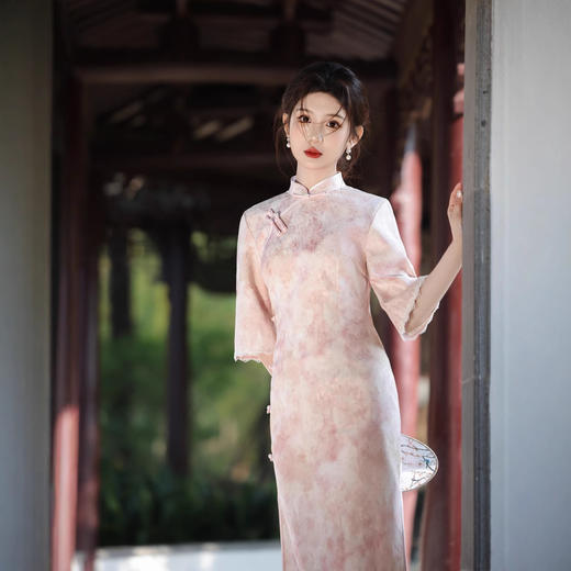 新中式少女旗袍粉色2025年早春复古法式风改良中袖修身连衣裙日常 商品图2