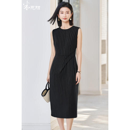 米思阳2026夏季新款知性通勤条纹黑色连衣裙修身显瘦包臀裙女1723/1258 商品图0