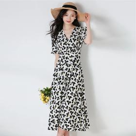 【高货sh】全新升级【铂金会员330/天猫439/差价109】(92711) 洛诗琳2025夏季三叶草V领收腰裹身裙显瘦大摆裙短袖连衣裙