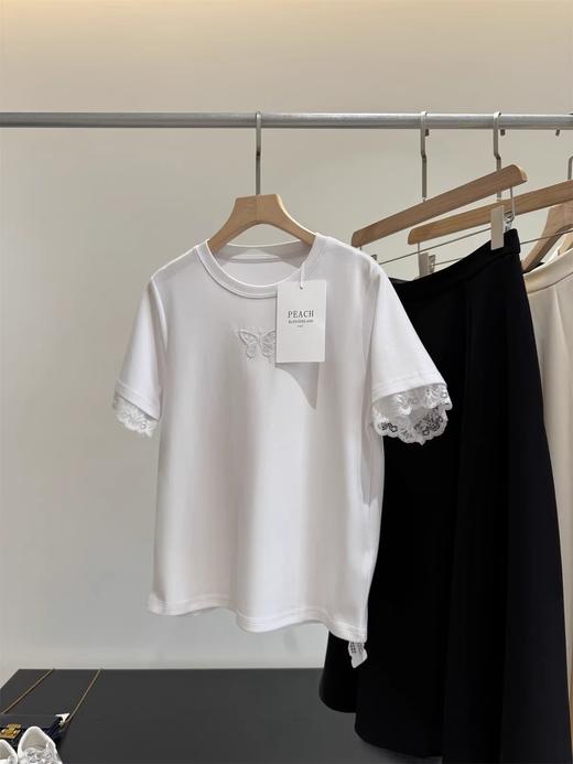 重工质感空气层万针蝴蝶镂空蕾丝袖T恤 商品图2