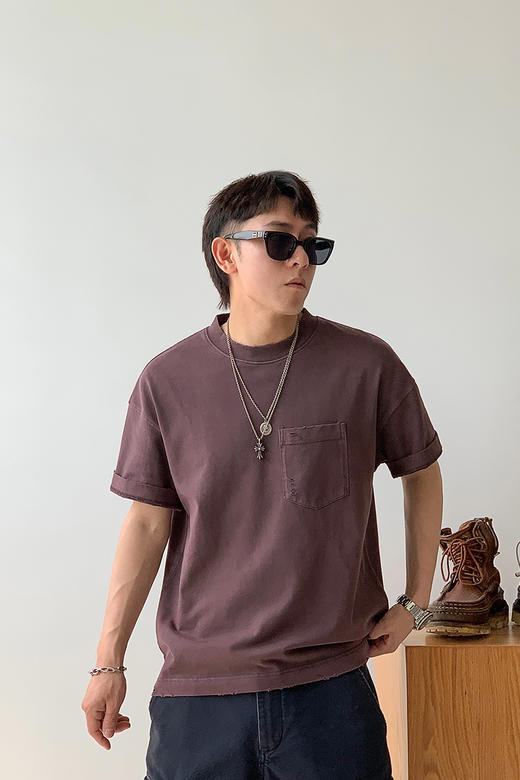 徐太浪复古磨边拼接口袋短袖T恤男夏季宽松休闲透气中袖圆领上衣 商品图4