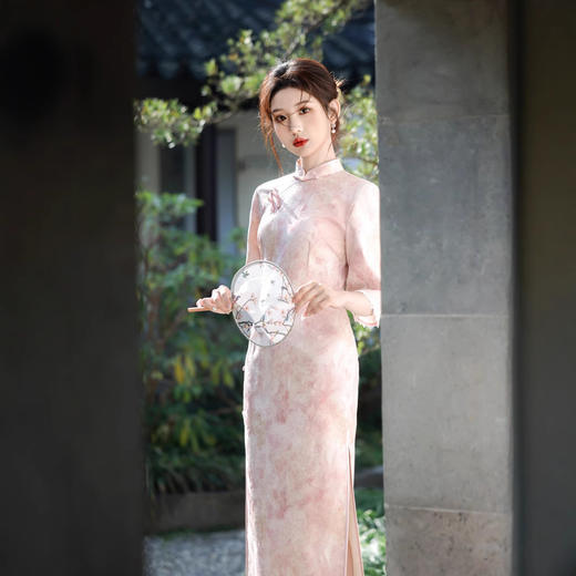 新中式少女旗袍粉色2025年早春复古法式风改良中袖修身连衣裙日常 商品图3