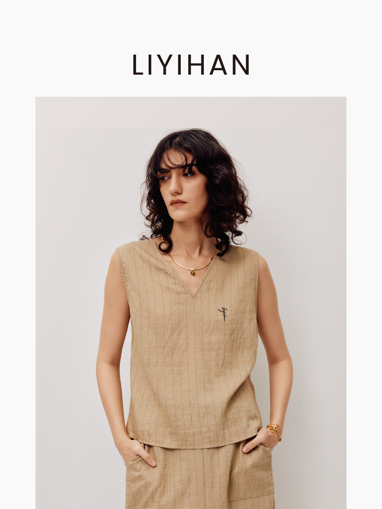 LIYIHAN稿线 | 25夏亚麻交叉领无袖条纹上衣两穿扭结短袖时尚感