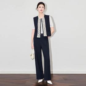 【高货wl】全新升级【铂金会员349/天猫469/差价120】(99550) 洛诗琳时髦洋气刺绣花边马甲时尚气质棉麻牛仔休闲裤套装