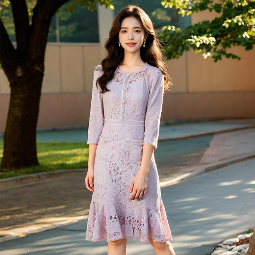 奢姿大码女装2025夏季气质圆领蕾丝连衣裙胖妹妹时尚减龄镂空裙子9951893611 商品图0