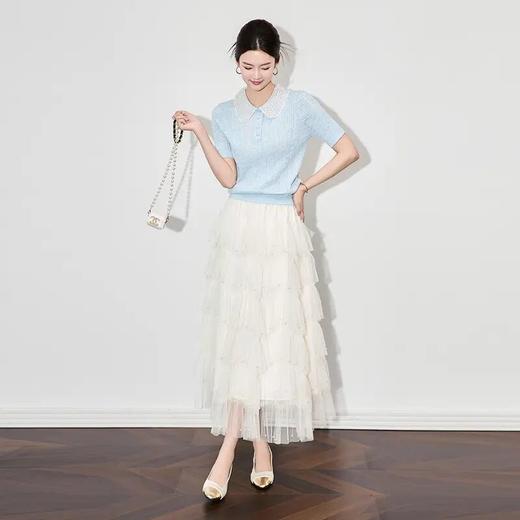 【高货wl】全新升级【铂金会员165/天猫219/差价54】(92113) 洛诗琳法式重工钉珠翻领绞花针织衫T恤时尚百搭短袖上衣女 商品图3