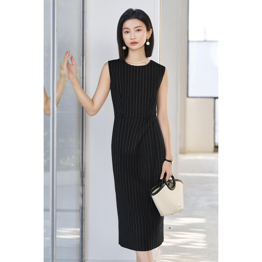 米思阳2026夏季新款知性通勤条纹黑色连衣裙修身显瘦包臀裙女1723/1258 商品图1