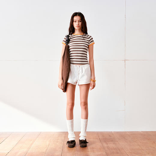 NUTH复古条纹撞色圆领插肩袖修身短袖T恤女 商品图2