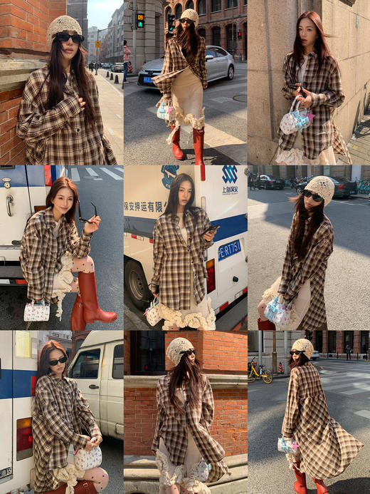 HIDEMI色织格纹极简大廊形前短后长可拆卸后片宽公知识分子衬衫女 商品图3